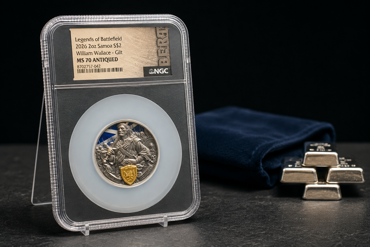 2026 Samoa William Wallace Legends of Battlefield 2 oz Silver Gilt Antiqued Coin NGC MS70