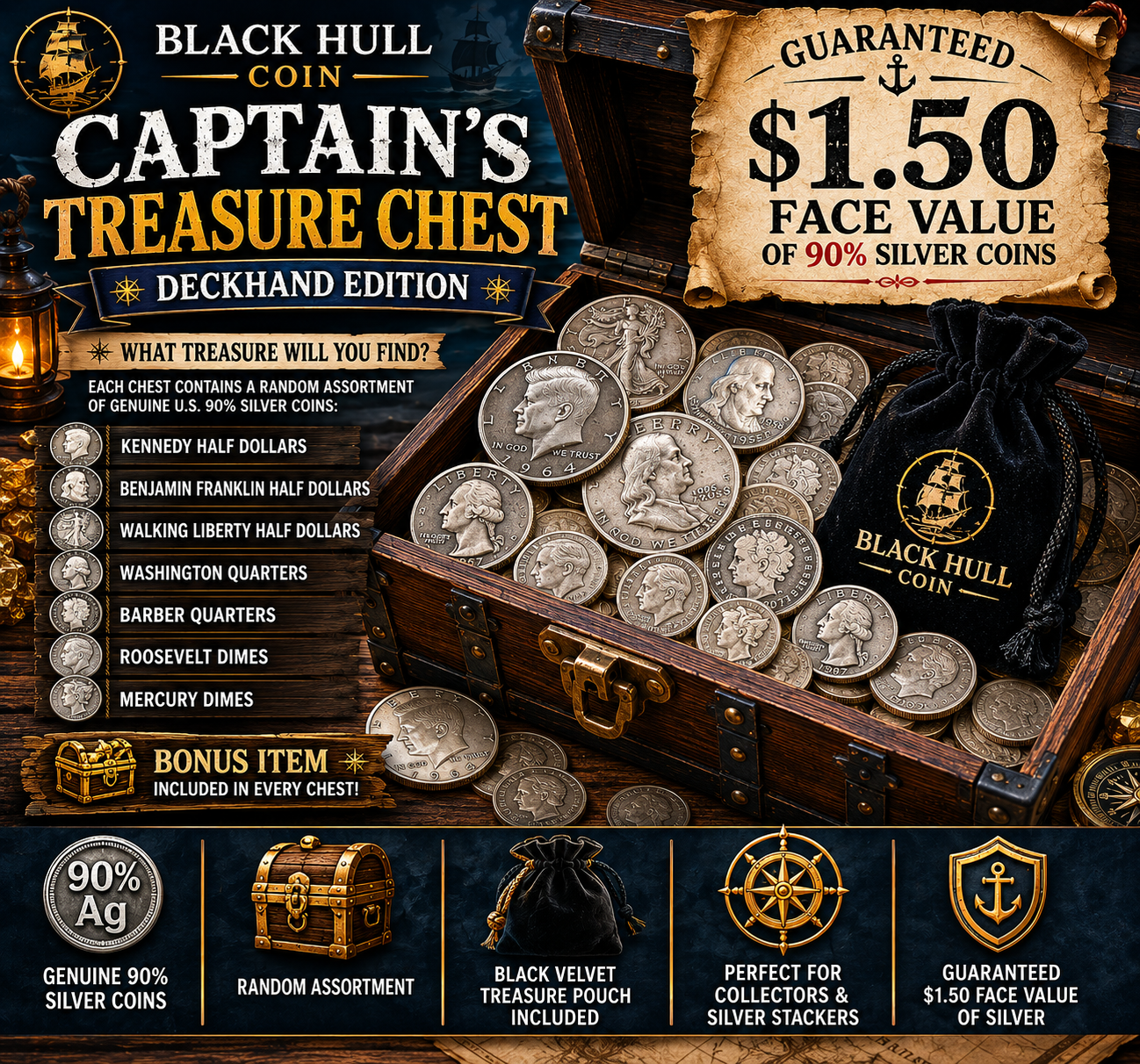 Captain's Treasure Chest Deckhand Edition | $1.50 Face Value 90% Silver Mystery Pack | Walking Liberty Guaranteed