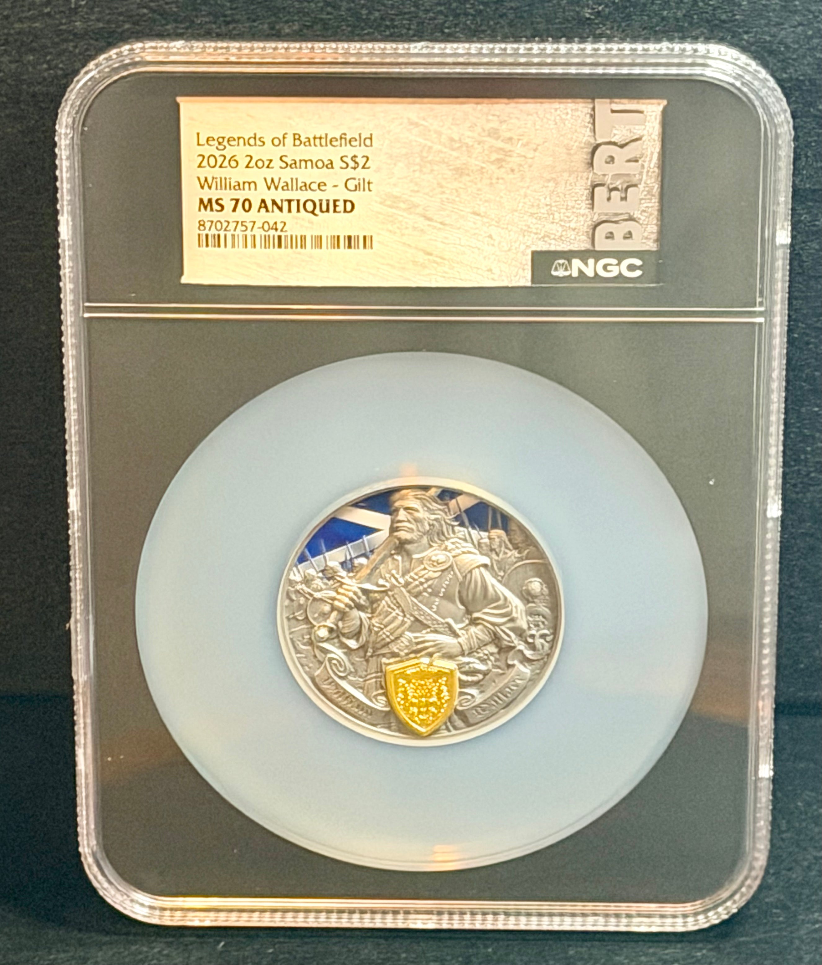 2026 Samoa William Wallace Legends of Battlefield 2 oz Silver Gilt Antiqued Coin NGC MS70