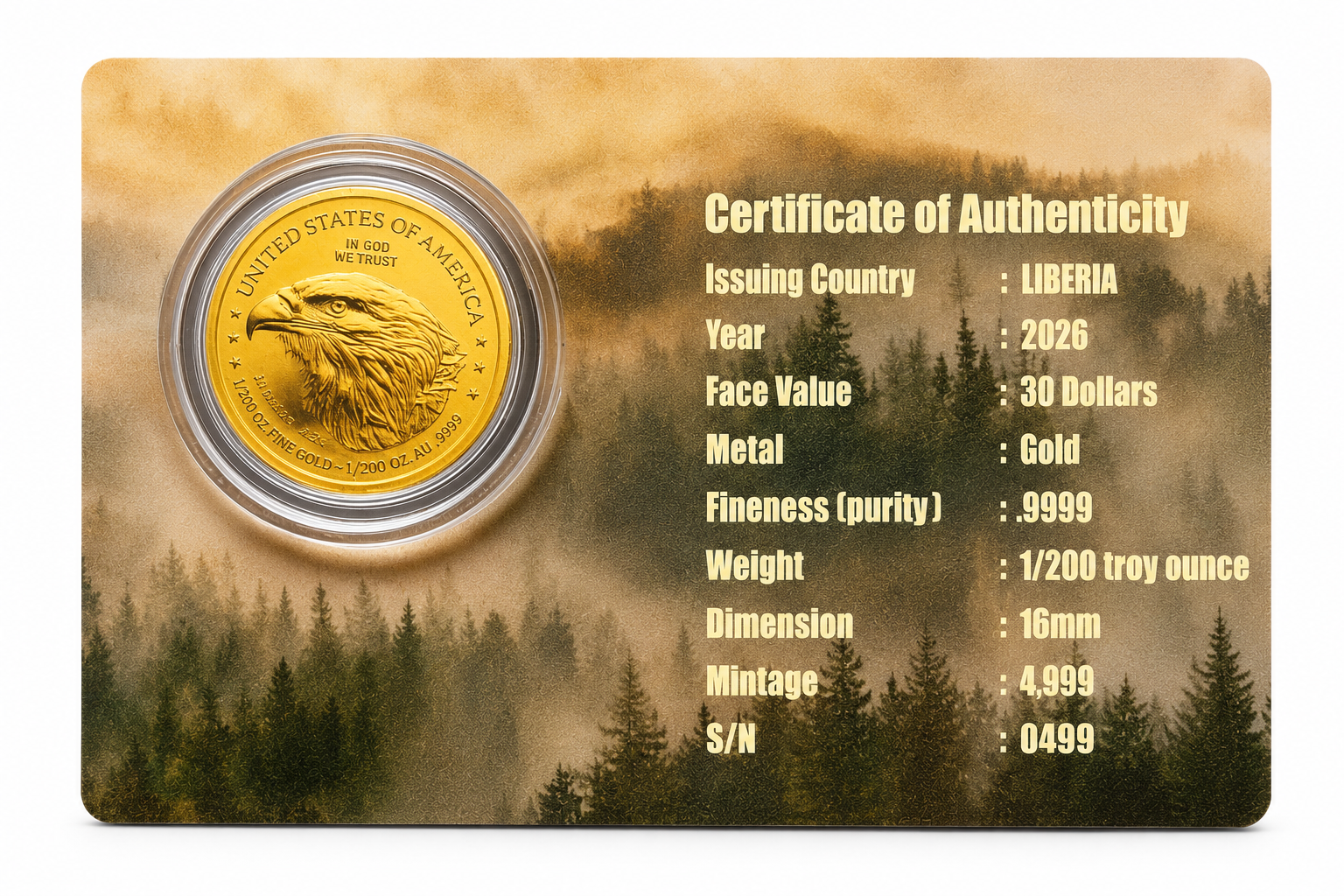2026 Liberia American Gold Eagle Coin Card 1/200 Troy Oz .9999 Fine Gold Limited Mintage S/N 0499