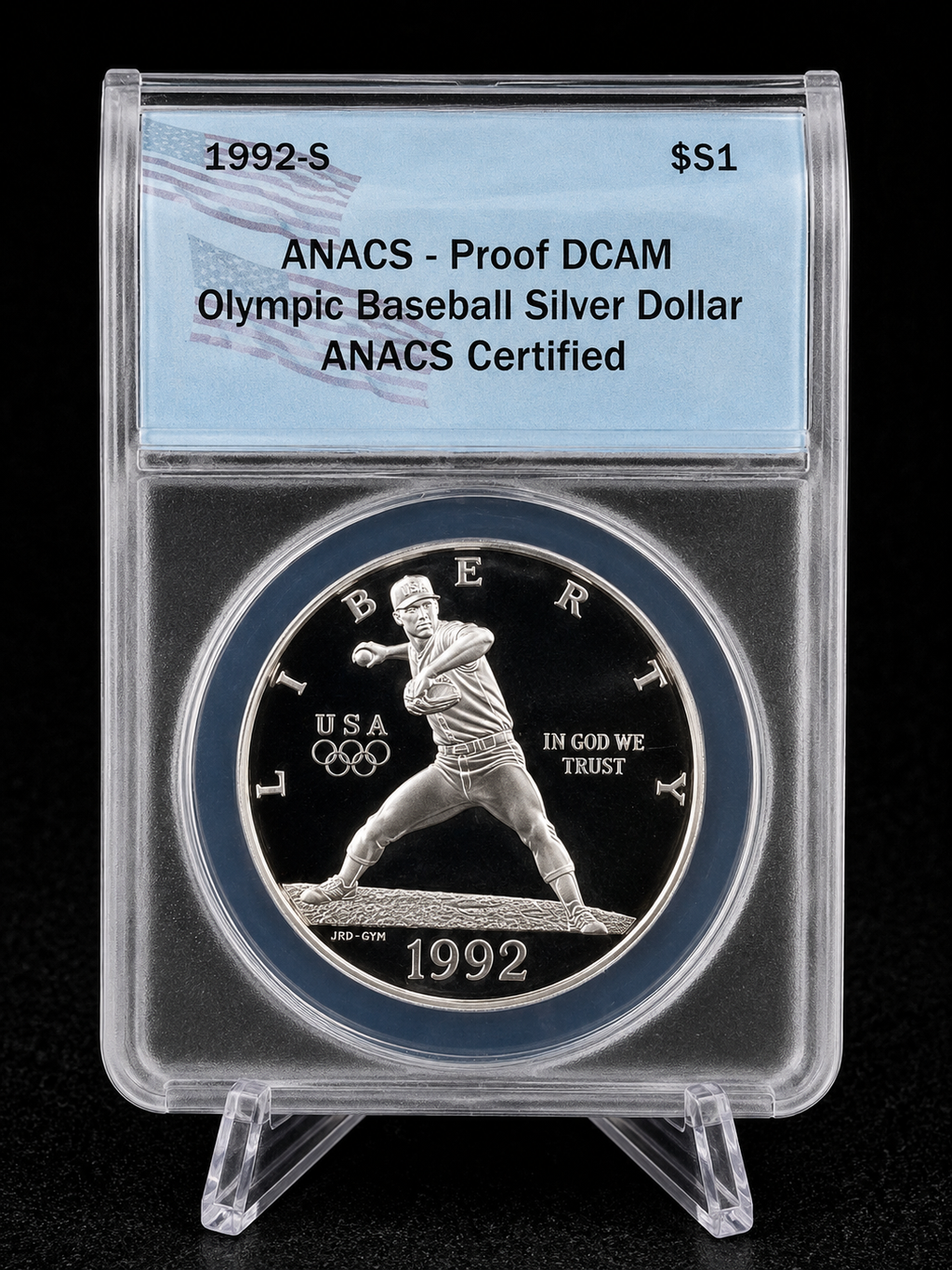 1992-S Olympic Baseball Silver Dollar Proof DCAM ANACS Certified Commemorative Coin