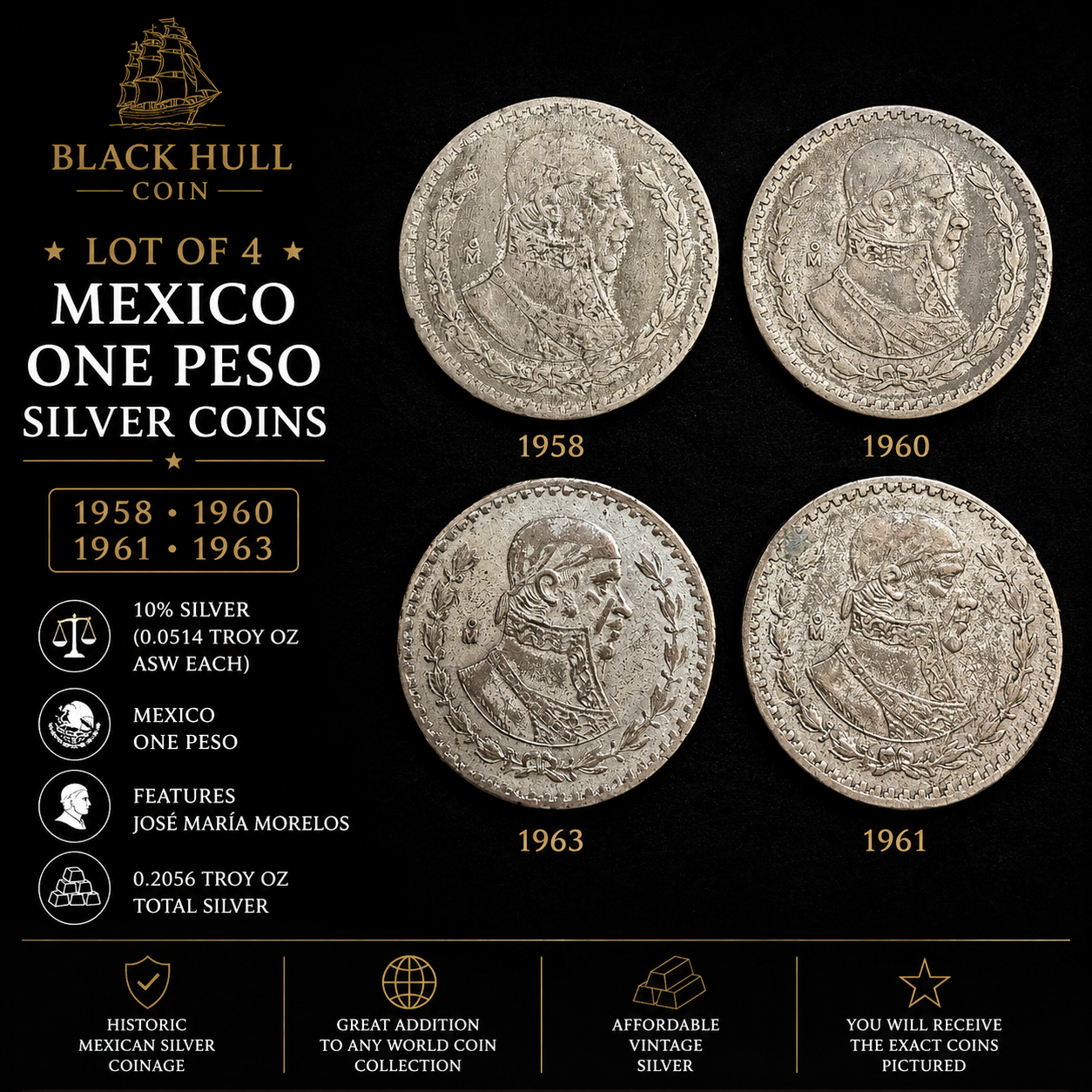 Lot of 4 Mexico Silver One Peso Coins (1958, 1960, 1961, 1963) | 10% Silver