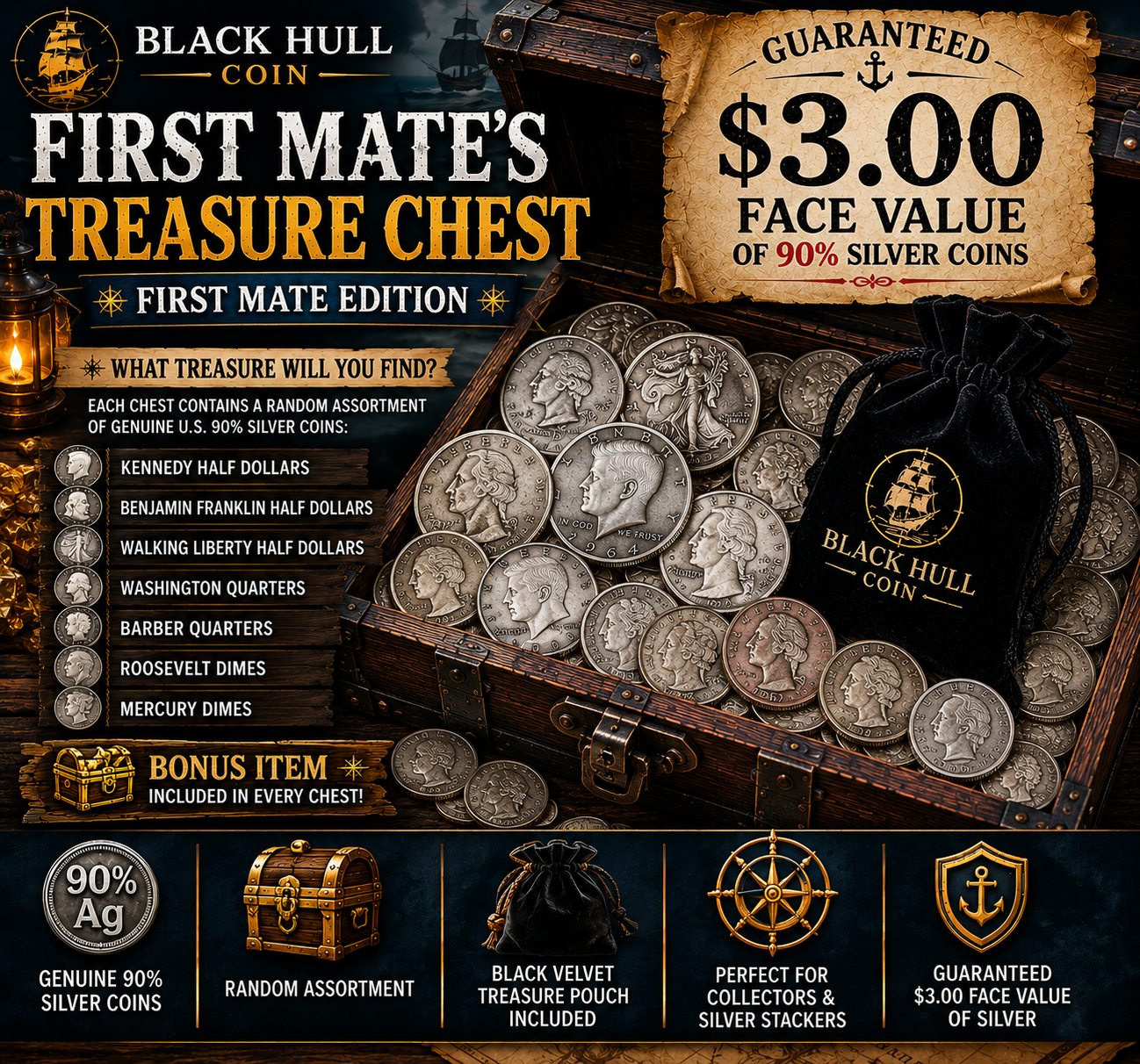 Captain's Treasure Chest First Mate Edition | $3.00 Face Value 90% Silver Mystery Pack | 2 Walking Liberty Halves Guaranteed