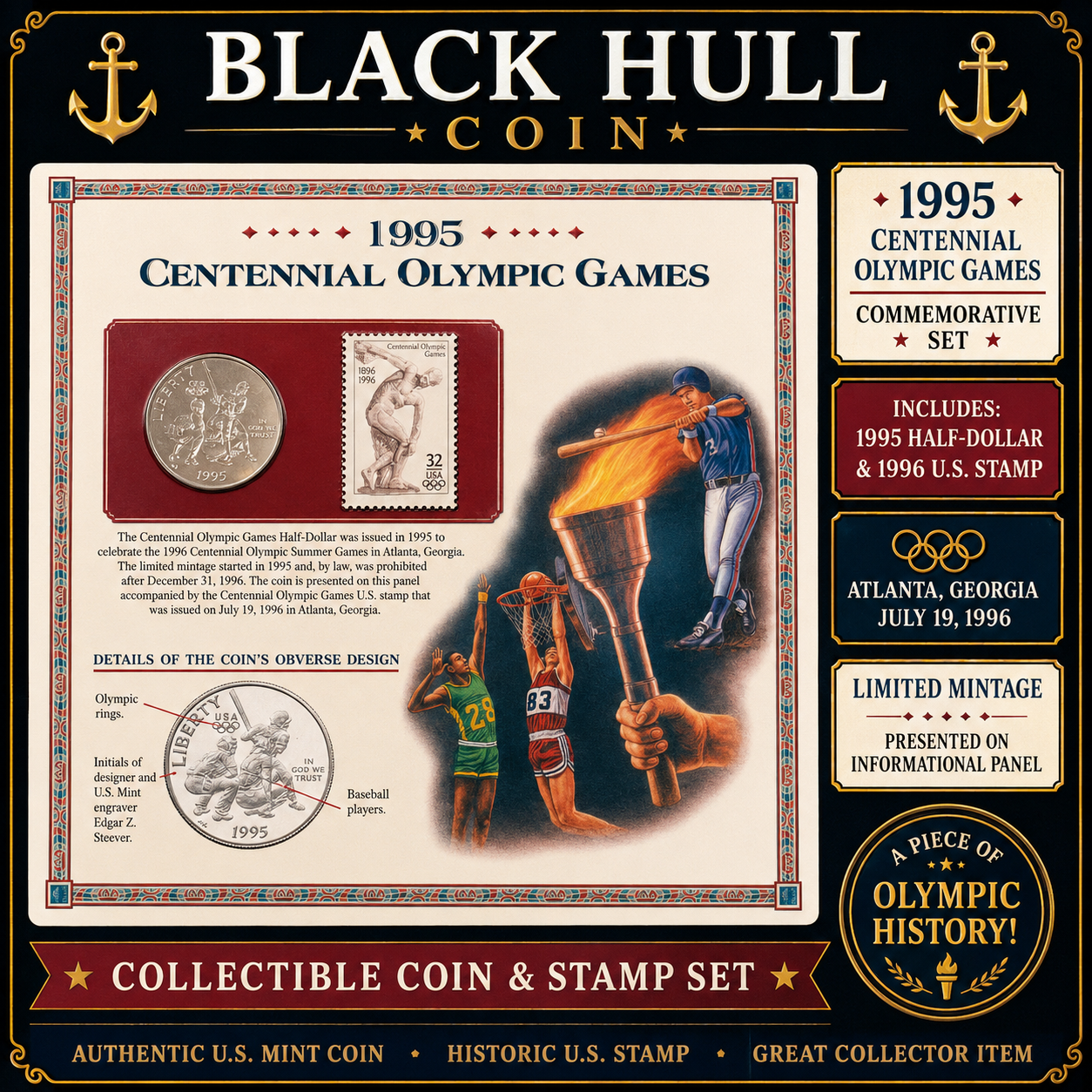1995 Centennial Olympic Games Commemorative Half Dollar Coin & 1996 Olympic Stamp Informational Display Panel Set