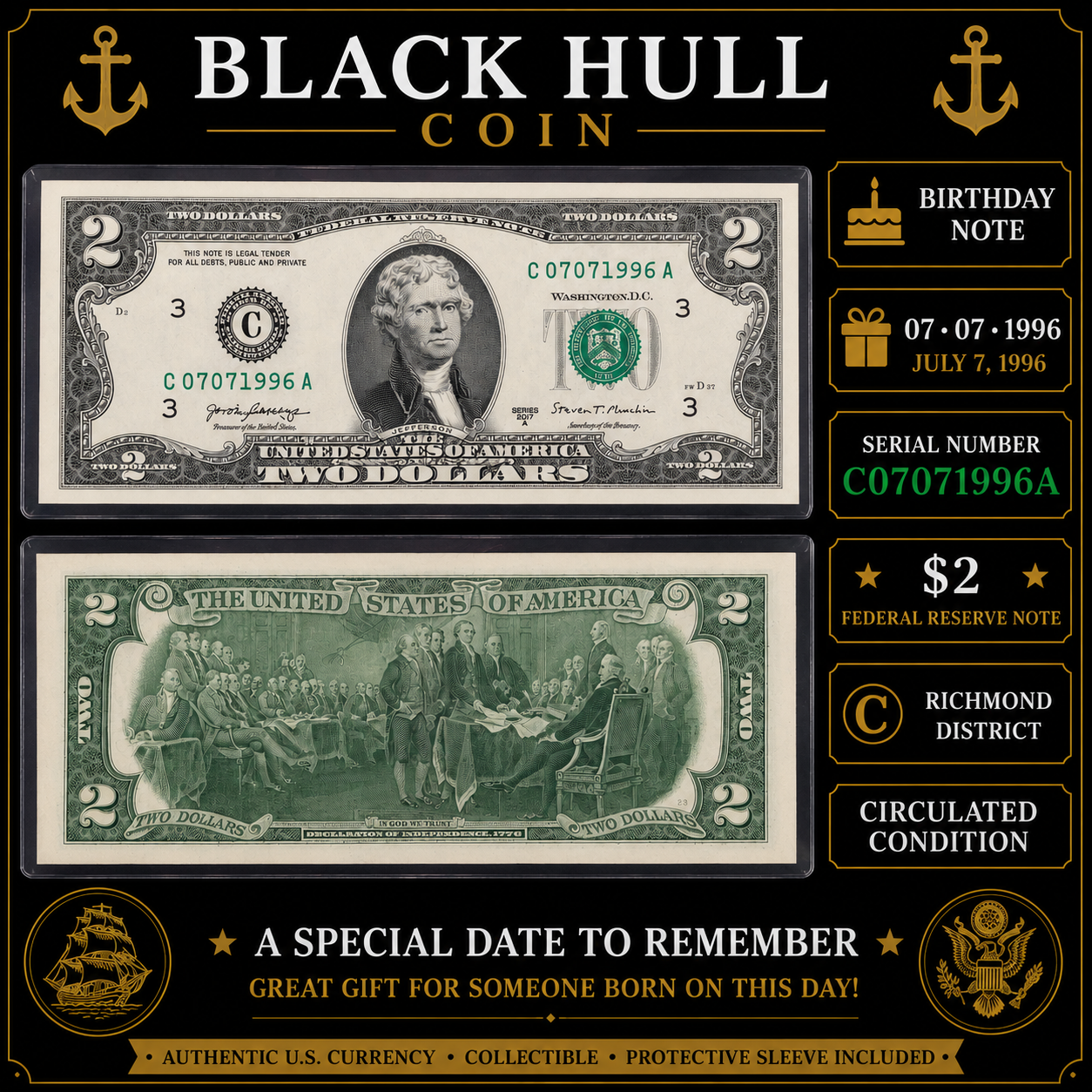 $2 Birthday Note | Serial Number 07071996 | July 7, 1996 Birthdate Currency