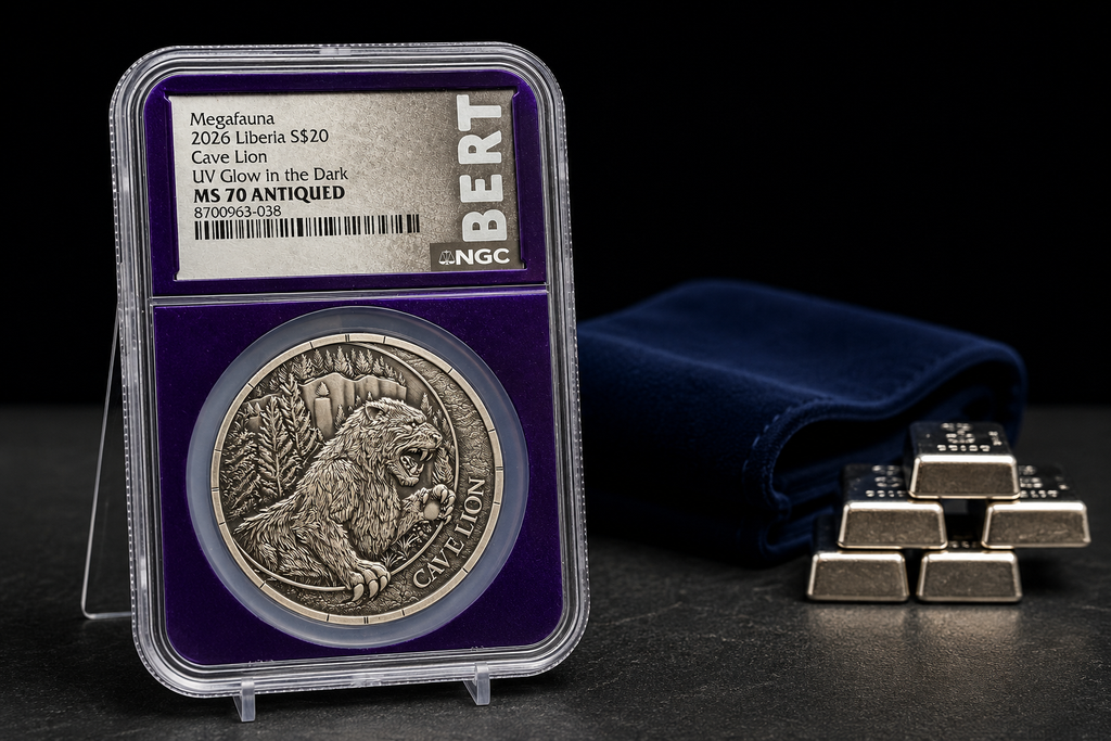 2026 Liberia Cave Lion Megafauna UV Glow in the Dark Antiqued Coin NGC MS70