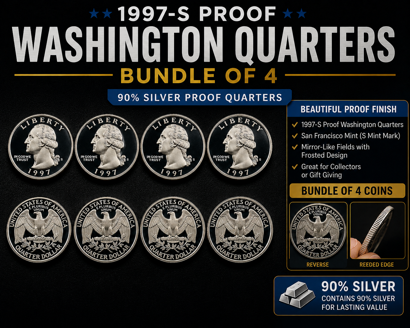 1997-S Silver Proof Washington Quarters Bundle of 4 Coins 90% Silver