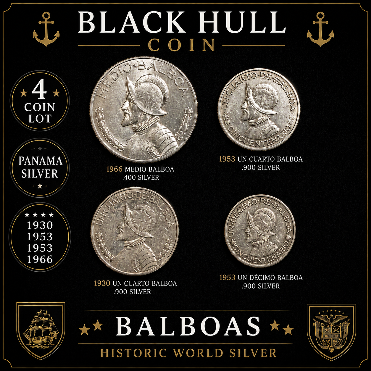 Panama Silver Balboa Coin Lot | 1930, 1953, 1953 & 1966 | 4 Silver Coins