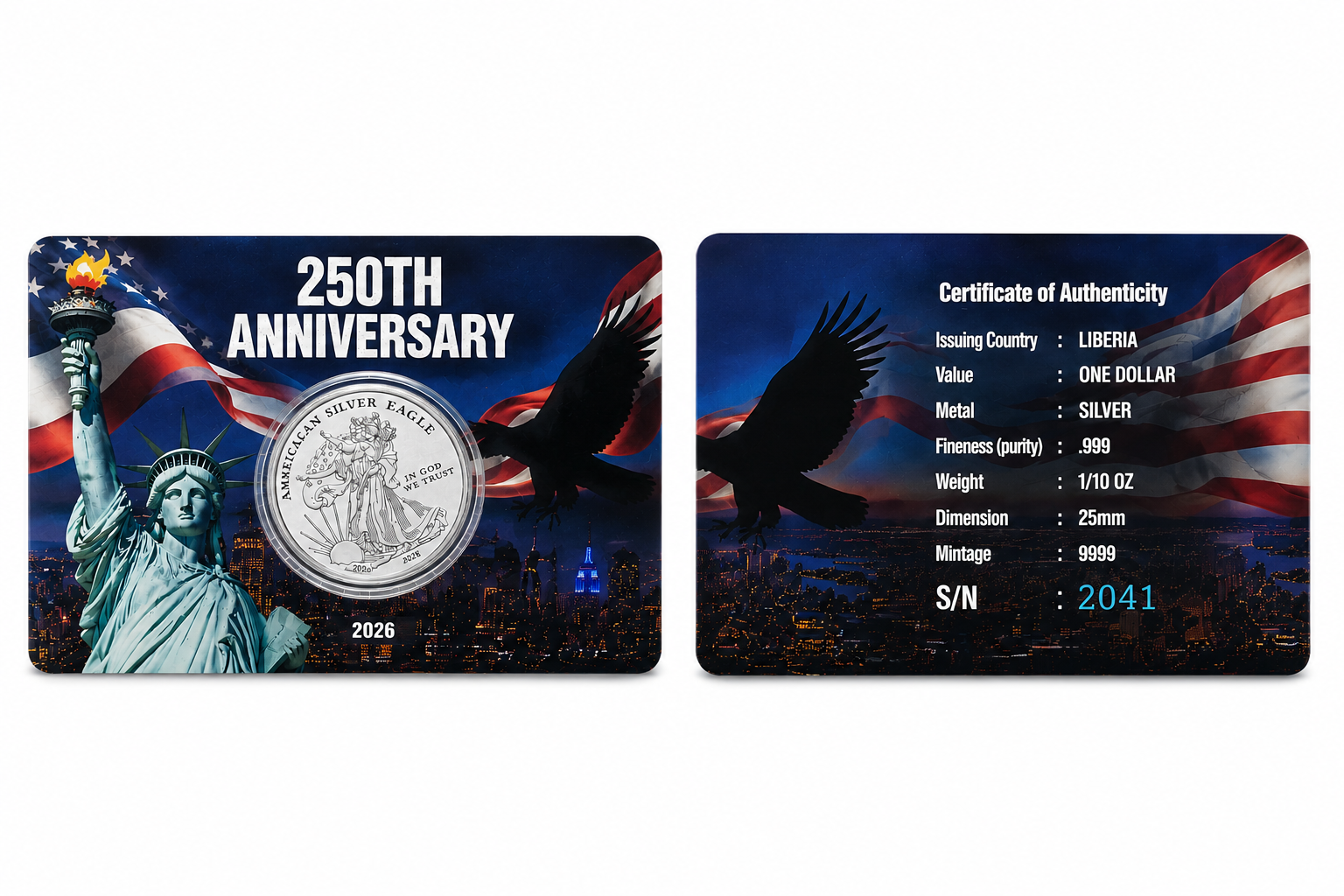 2026 250th Anniversary American Silver Eagle Coin Card 1/10 oz .999 Fine Silver Limited Mintage S/N 2041