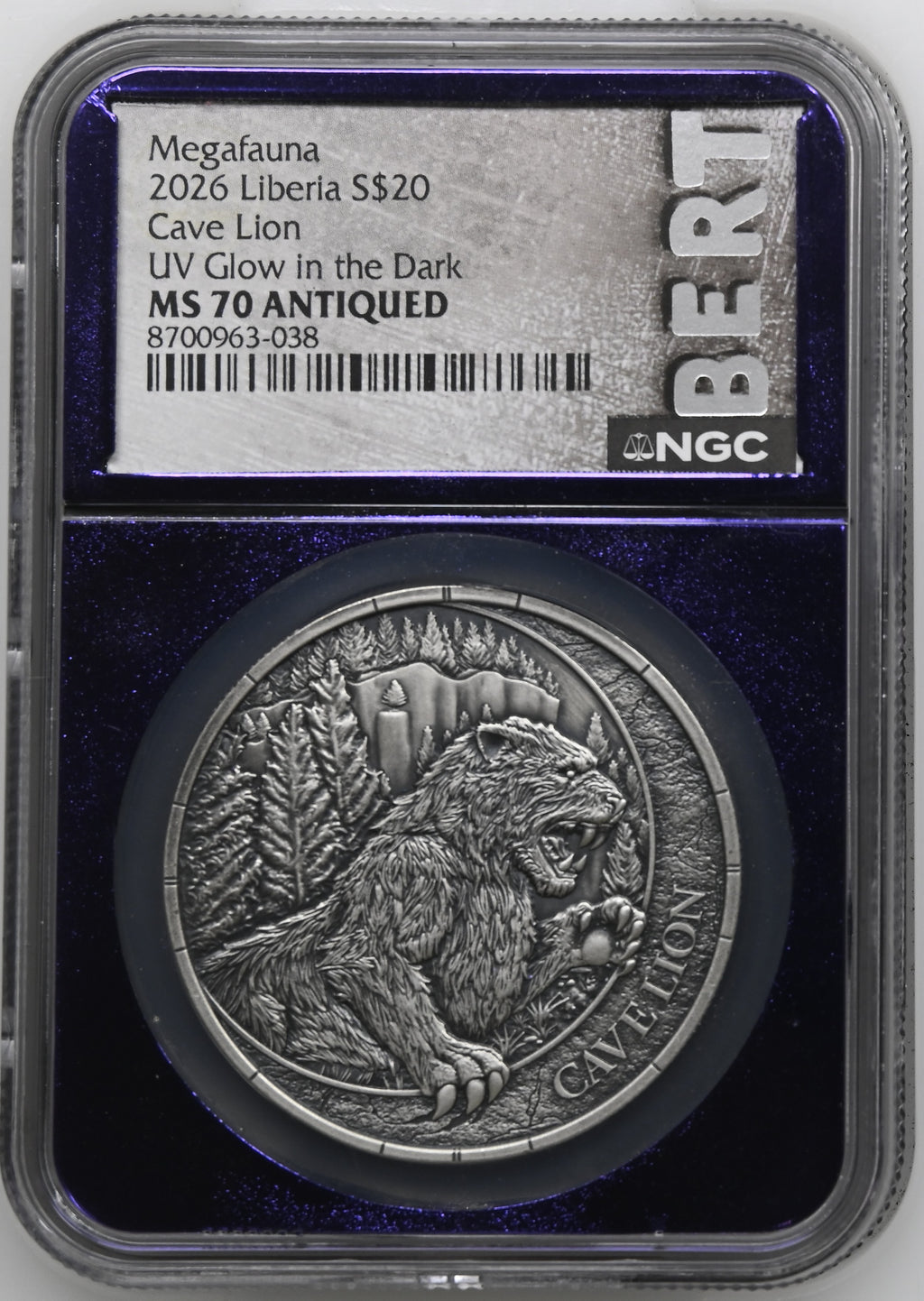 2026 Liberia Cave Lion Megafauna UV Glow in the Dark Antiqued Coin NGC MS70