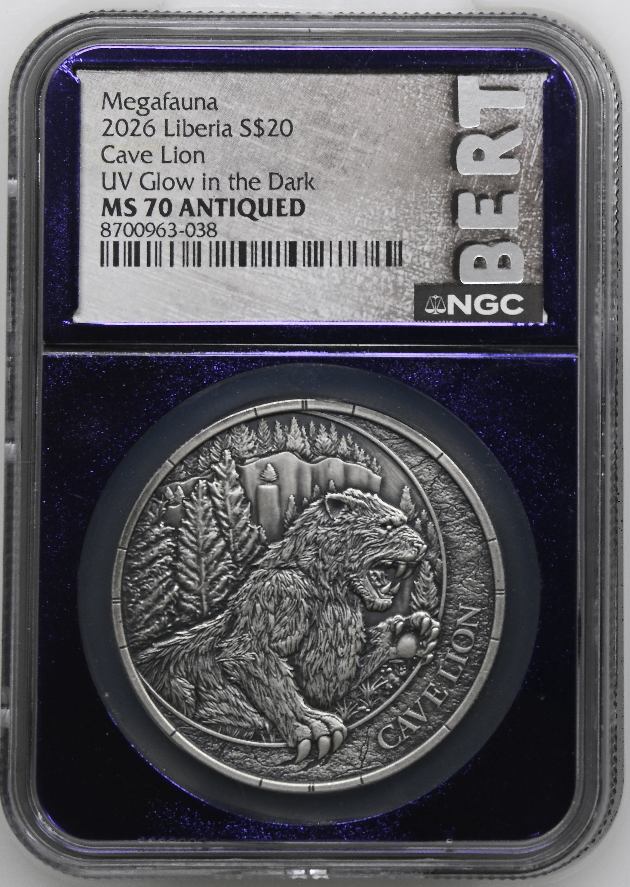2026 Liberia Cave Lion Megafauna UV Glow in the Dark Antiqued Coin NGC MS70