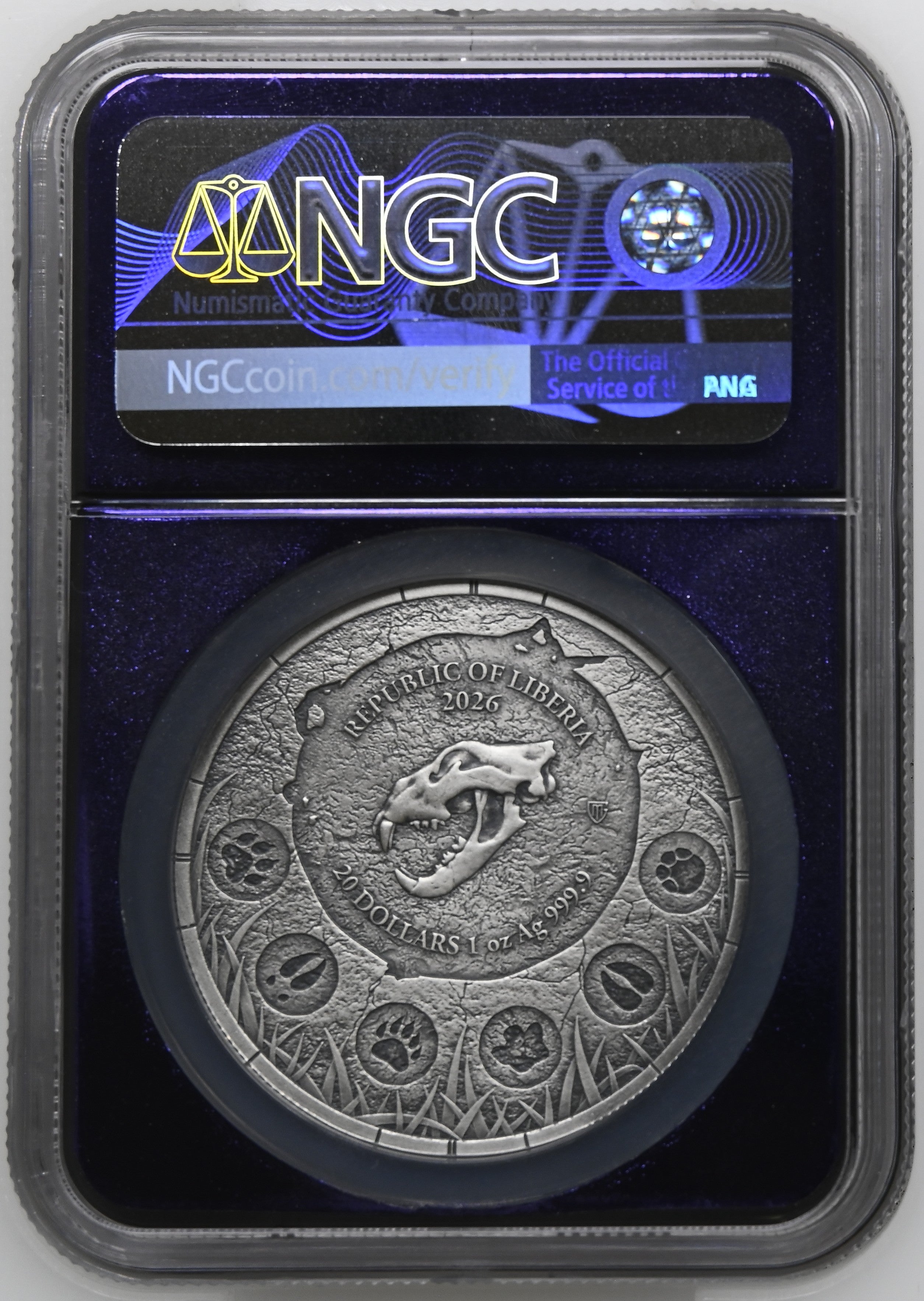 2026 Liberia Cave Lion Megafauna UV Glow in the Dark Antiqued Coin NGC MS70