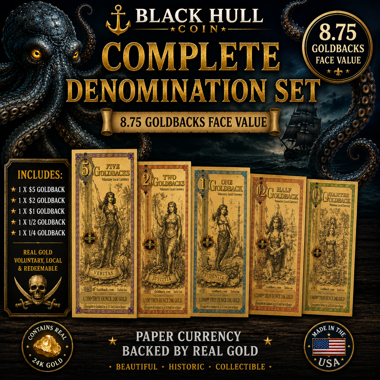 Goldback Complete Denomination up to $5 Set 8.75 Face Value 24K Gold