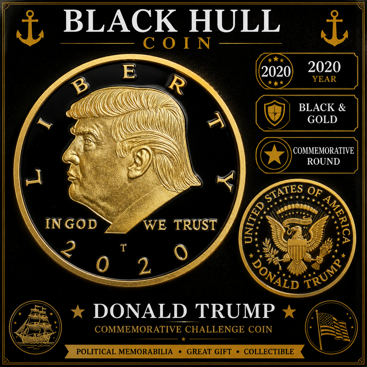 2020 Donald Trump Commemorative Challenge Coin | Black & Gold Proof Style Round