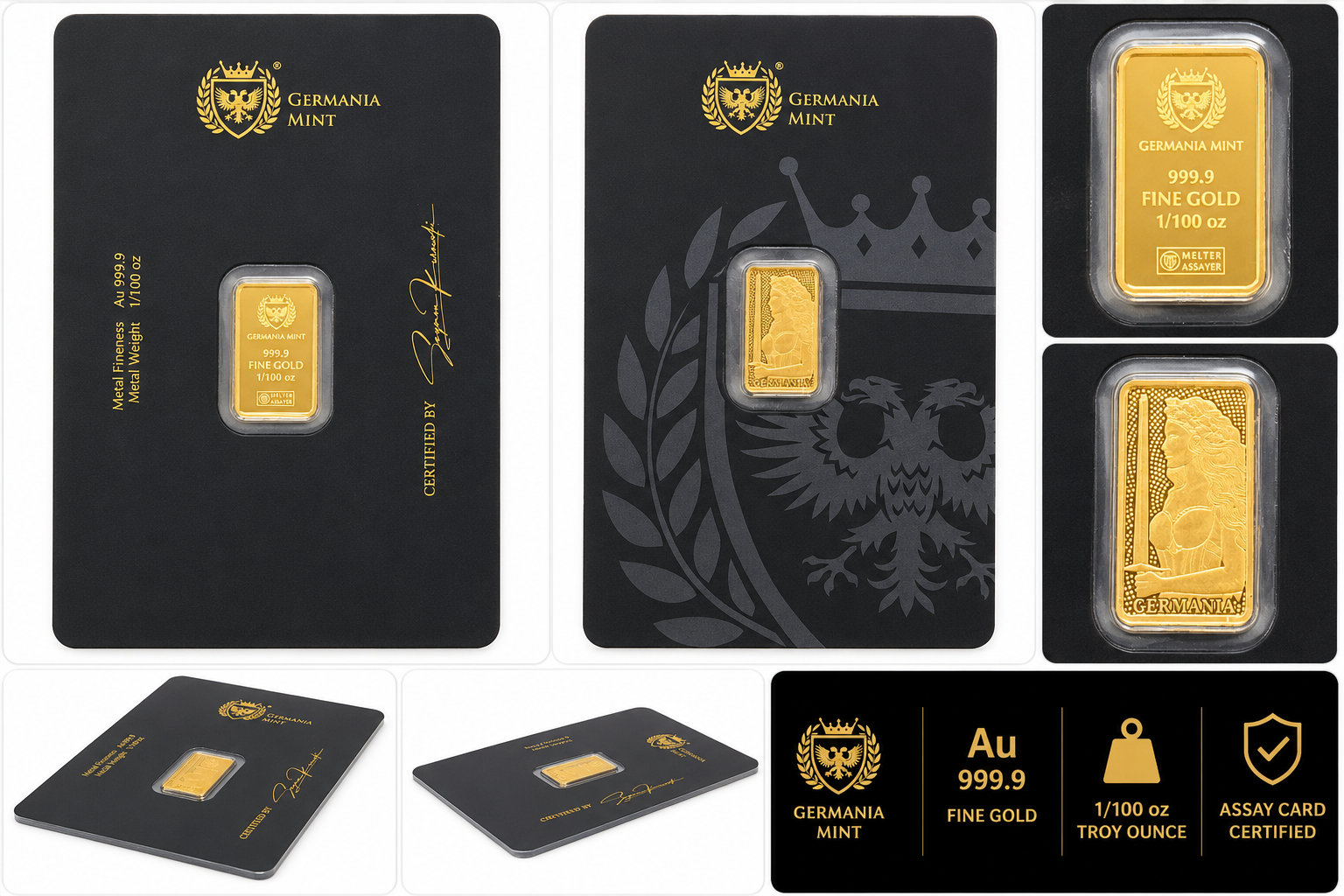 Germania Mint 1/100 oz Gold Bar .9999 Fine Gold in Assay Card