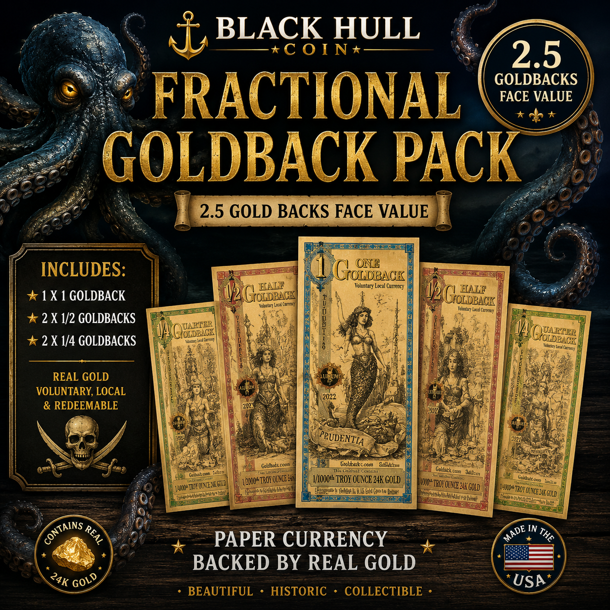 Goldback Fractional Pack 2.5 Face Value 24K Gold Notes 1, 1/2 & 1/4 Mixed