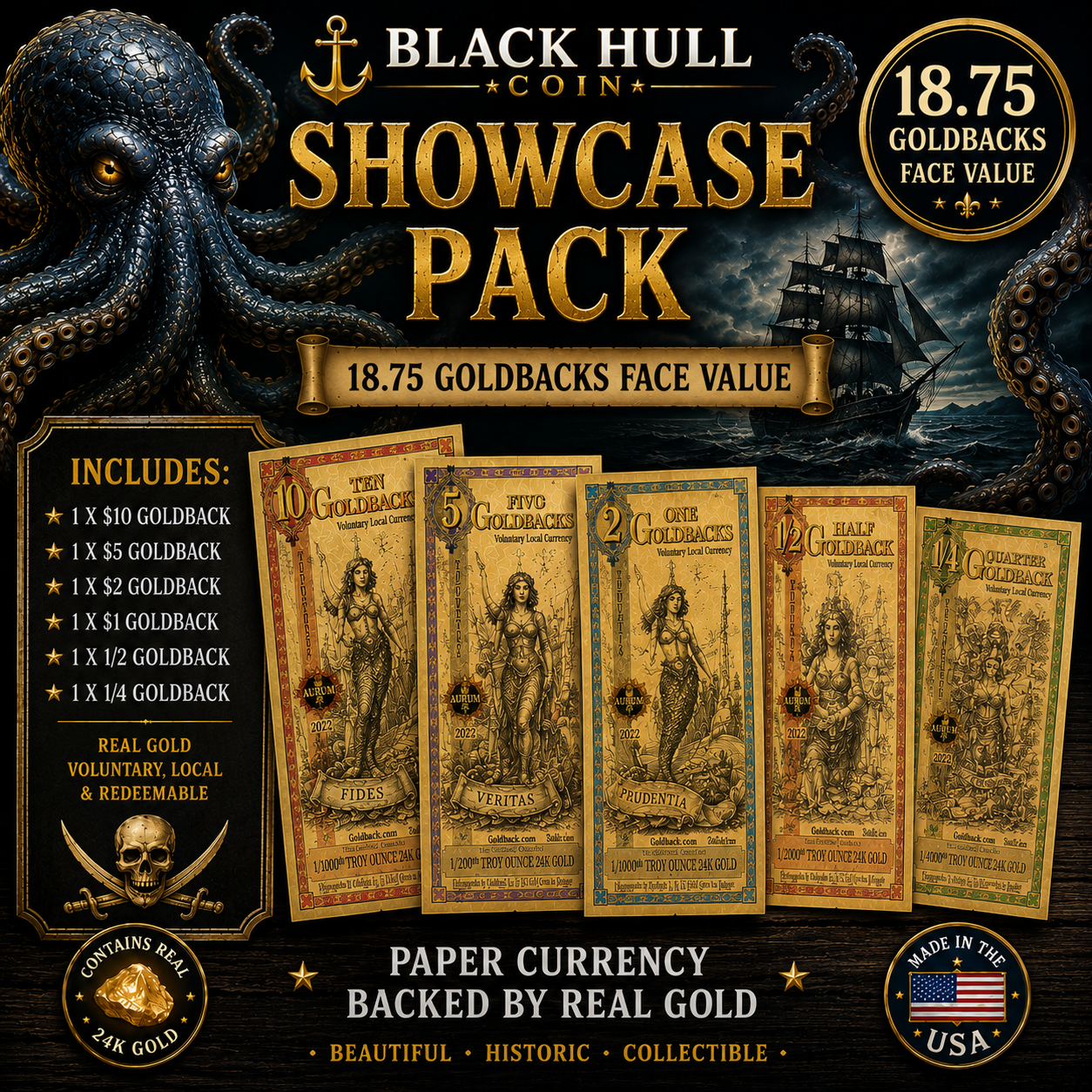 Goldback Showcase Set 18.75 Face Value 24K Gold