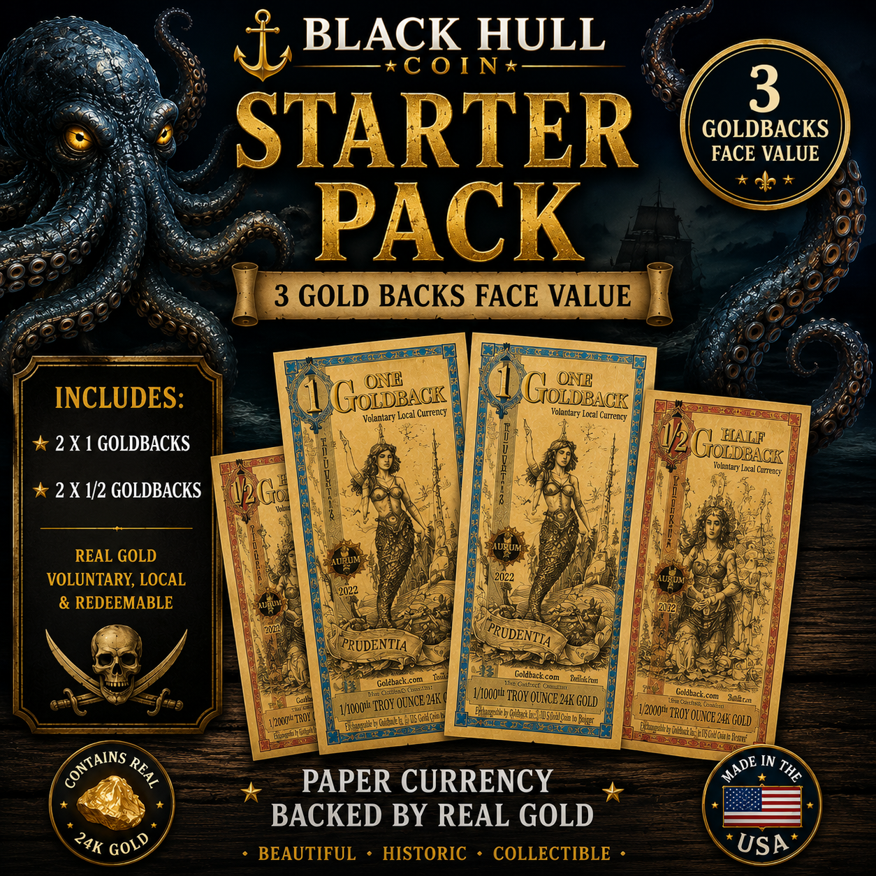 Goldback Starter Pack 3 Face Value 24K Gold Notes Collection